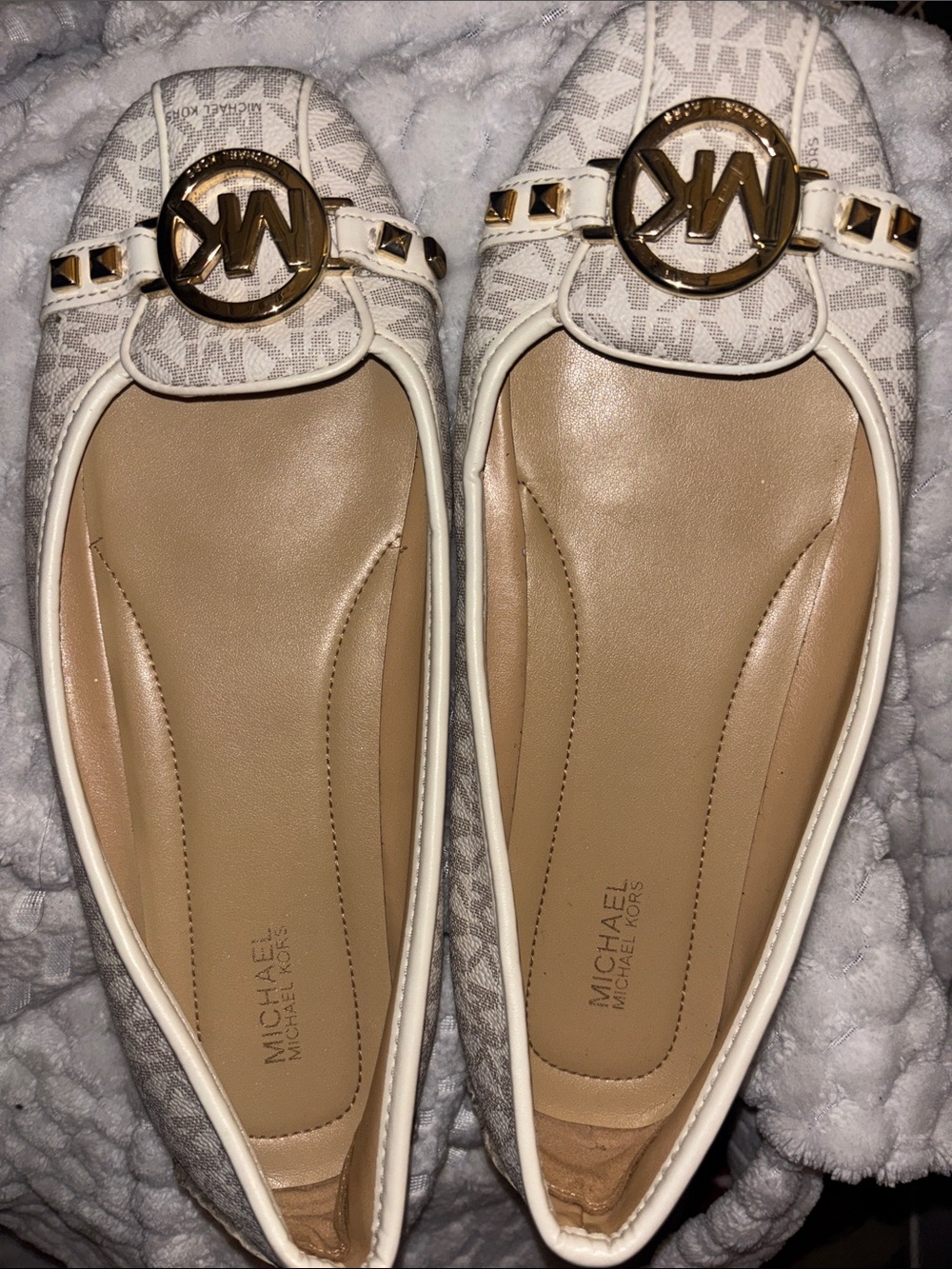 Michael Kors Cream Logo Ballet Flats with Gold MK Emblem